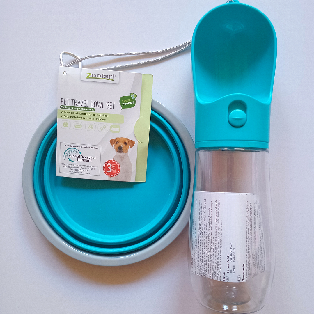 Botella de agua con bebedero + plato plegable para paseos marca Zoofari 1