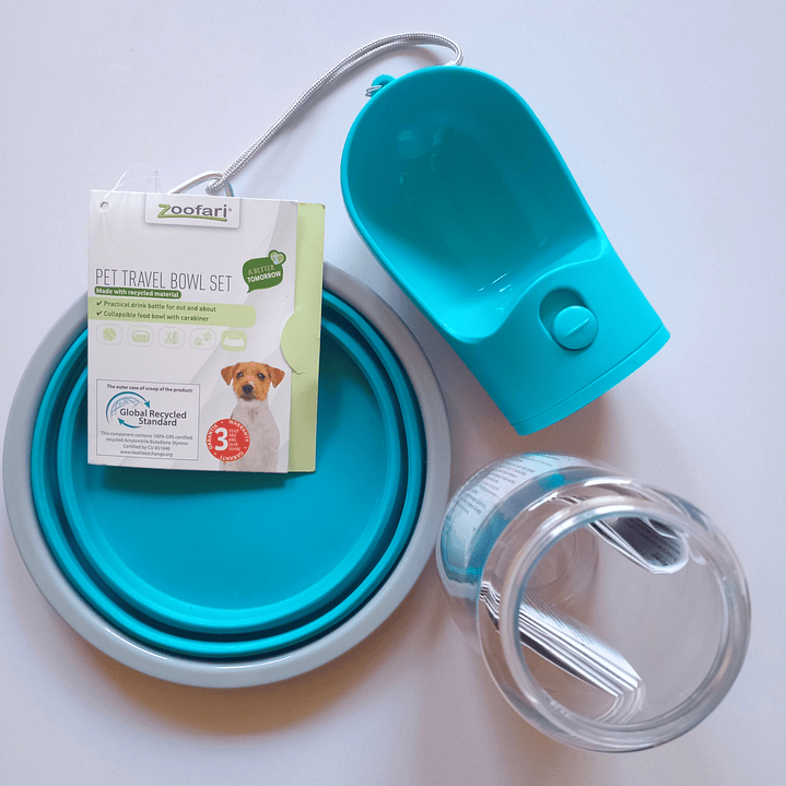 Botella de agua con bebedero + plato plegable para paseos marca Zoofari 2