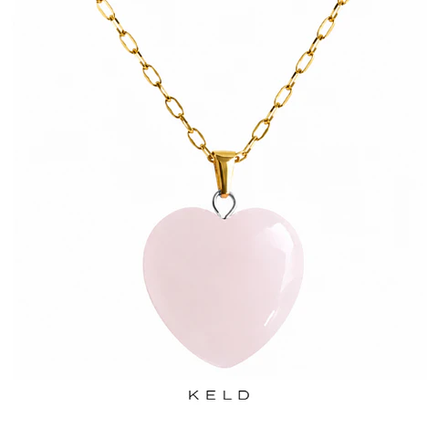 Collar Corazon cuarzo rosado enchapado en oro 18 K