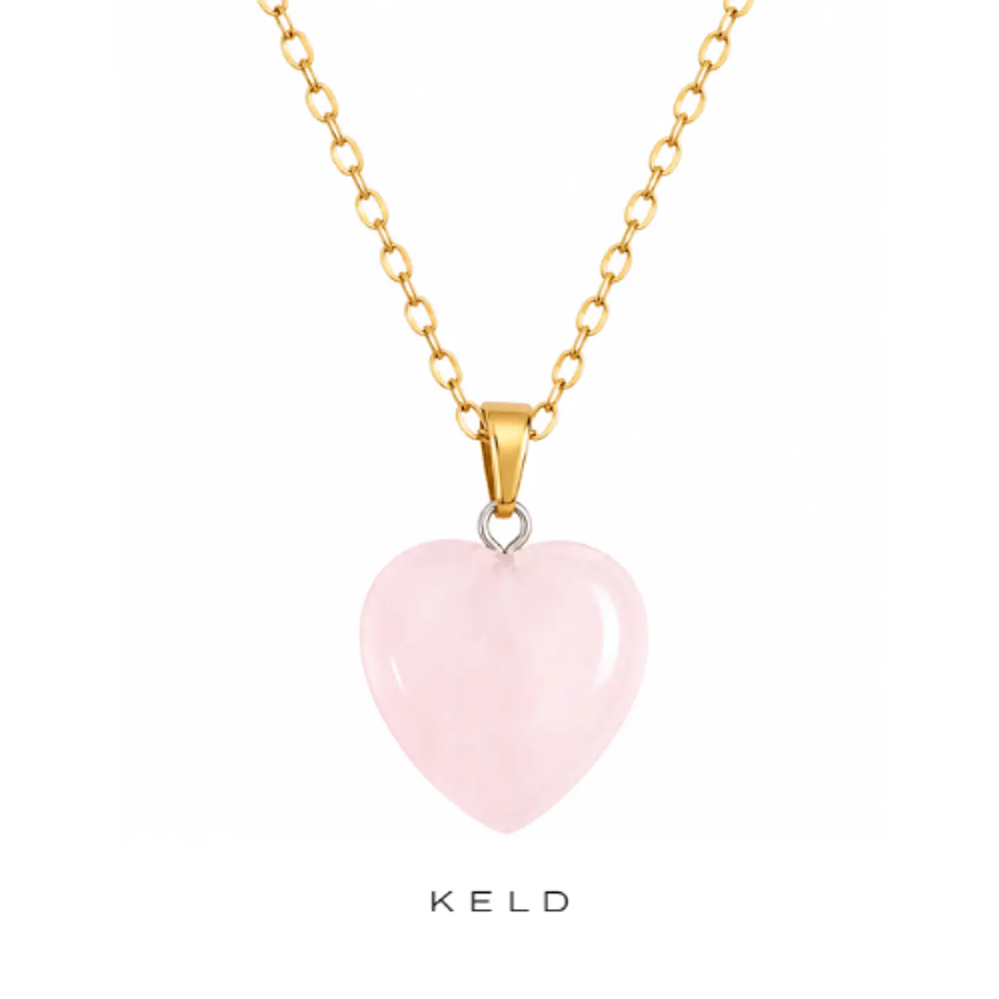 Collar Corazon cuarzo rosado 15mm enchapado en oro 18k 1