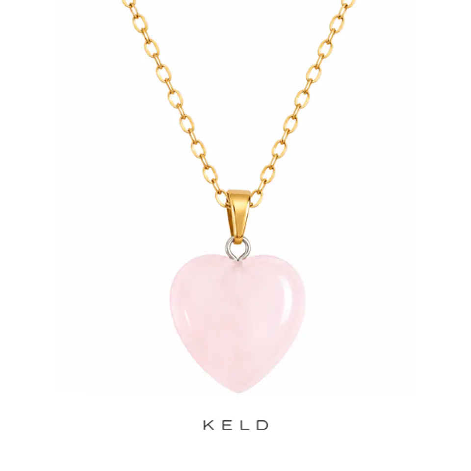 Collar Corazon cuarzo rosado 15mm enchapado en oro 18k 1
