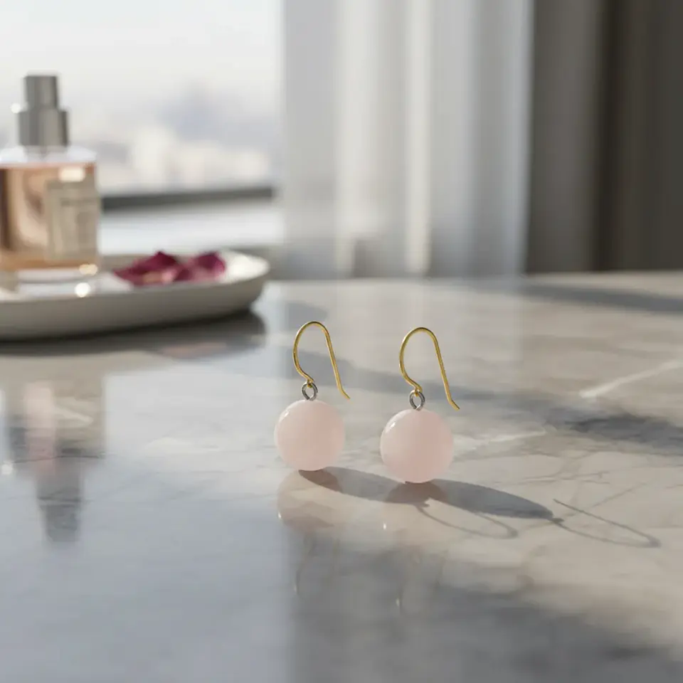 Aros cuarzo rosa bolitas enchapado en oro 18K 2
