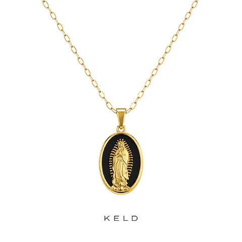 Collar medalla virgen de guadalupe negro enchapado en oro 18K