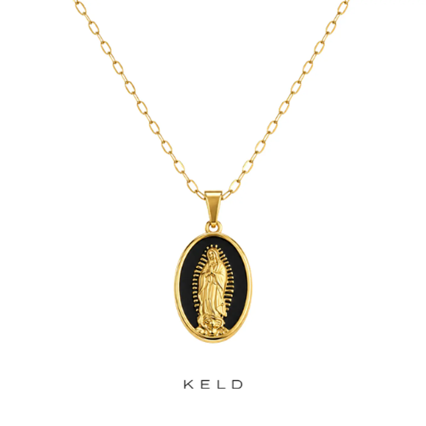 Collar medalla virgen de guadalupe negro enchapado en oro 18K 1