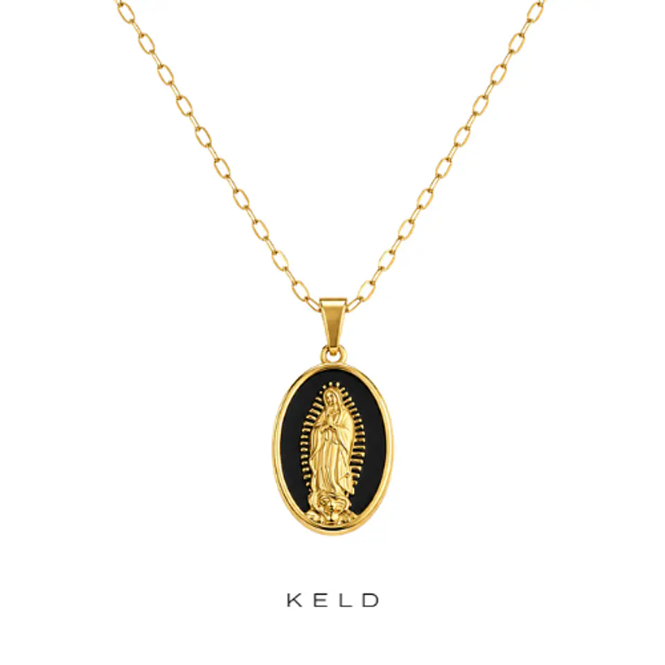 Collar medalla virgen de guadalupe negro enchapado en oro 18K 1