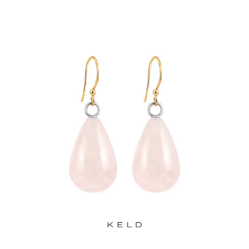 Aros cuarzo rosa gotas enchapado en oro 18K 1
