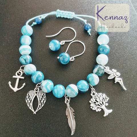 Conjunto Pulseira e Brincos em Pedra Natural Azul