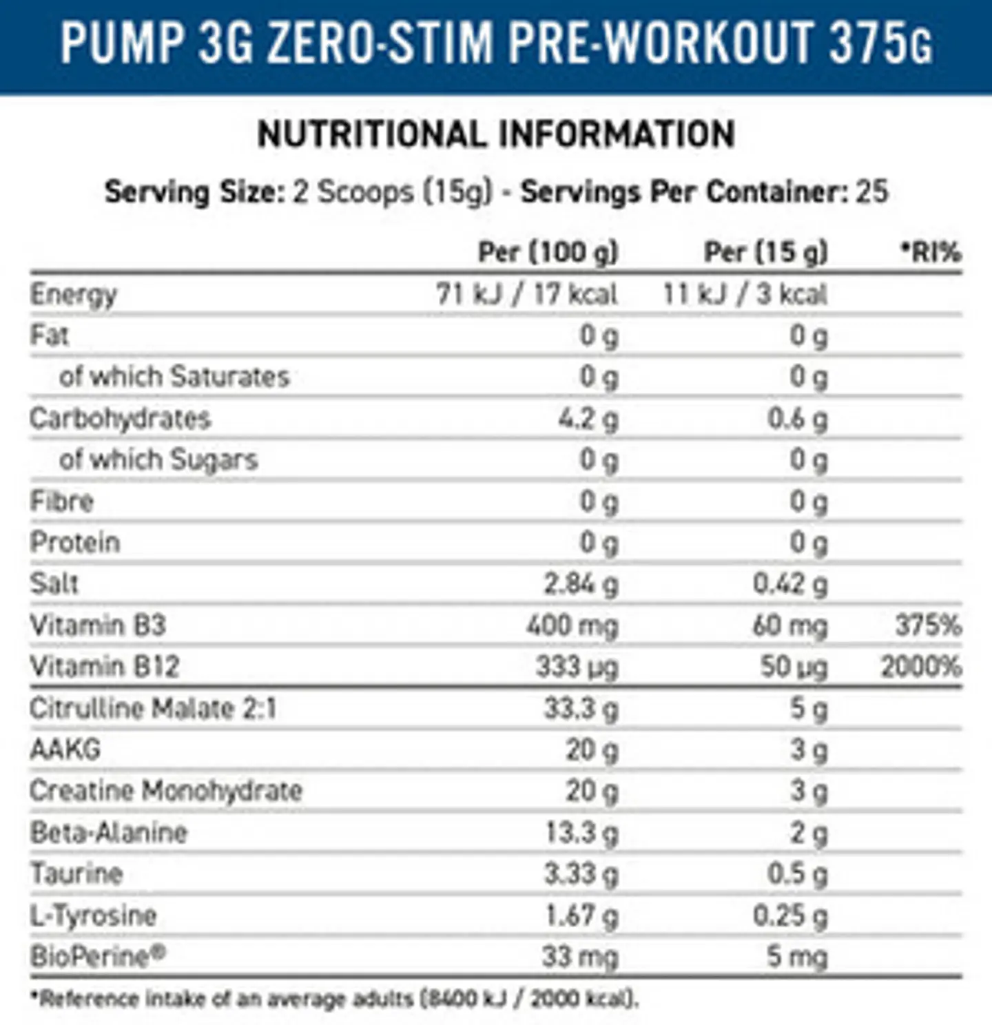 Pump 3G zero stim caffeine free pre-workout 375g 5