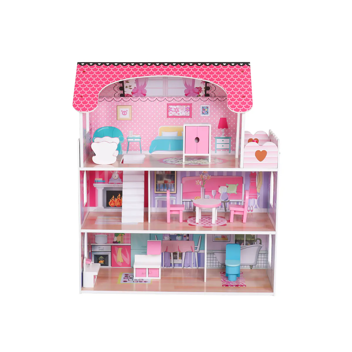 UISEBRT Casa De Muñecas De Madera De 3 Pisos Con Muebles Y Accesorios – Juego De Rol Para Niñas A Partir De 3 Años, Tipo A