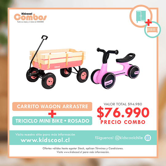 Combo Carro De Arrastre Wagon Rosado + Triciclo Mini Bike Rosado