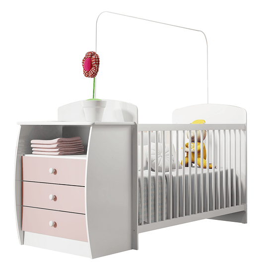 Cuna con Mudador Bambini Rosado+Colchon Cuna Baby Box 130x60