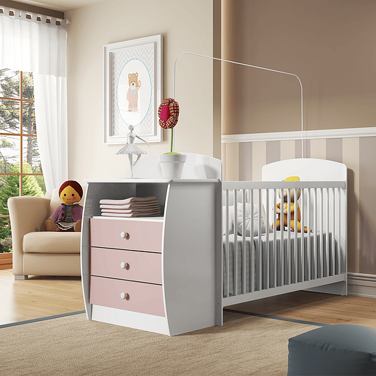 Cuna con Mudador Bambini Rosado+Colchon Cuna Baby Box 130x60