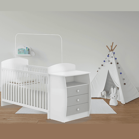 Cuna con Mudador Bambini Gris+Colchon Cuna Baby Box 130x60