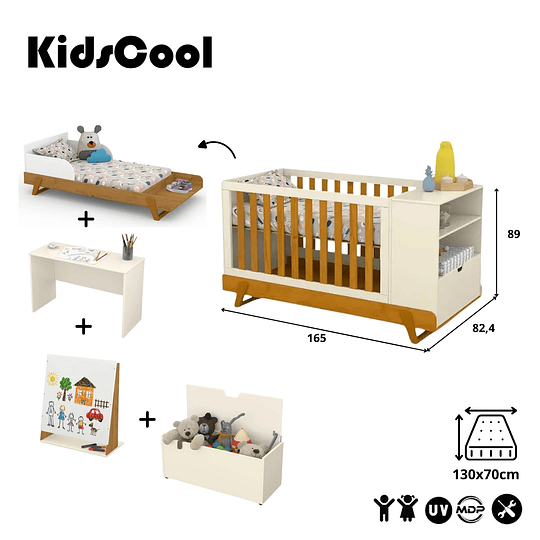 Cuna Maxx Miel Beige Eco Wood Multifunción + Colchon Cuna Baby Box 130x70