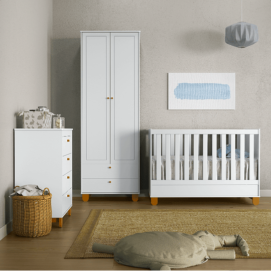Cuna Madera New Zupi Blanca Caramelo + Colchon Cuna Baby Box 130x70