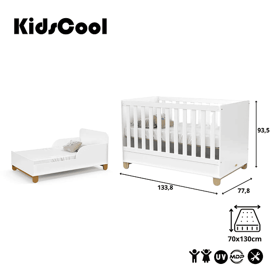 Cuna Madera New Zupi Blanca Caramelo + Colchon Cuna Baby Box 130x70