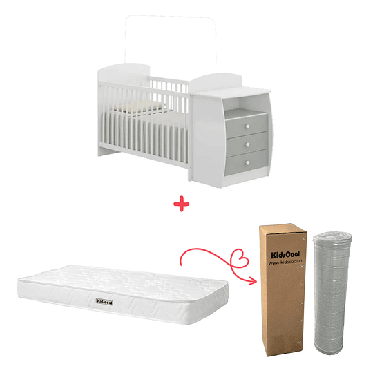 Cuna con Mudador Bambini Gris+Colchon Cuna Baby Box 130x60