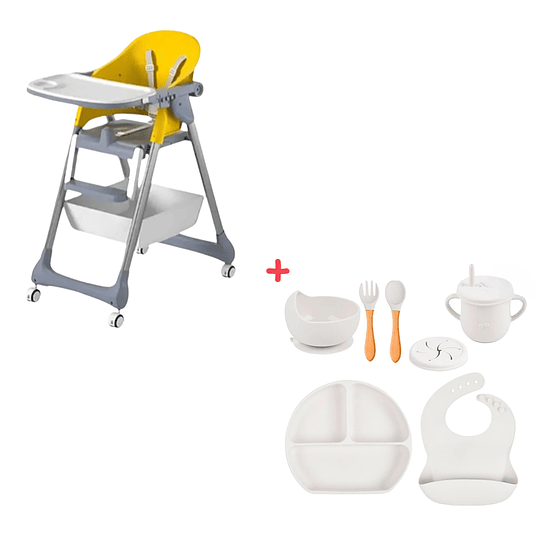 Silla De Comer Modena Amarilla + Set De Alimentacion Baby En Silicona 6 Piezas