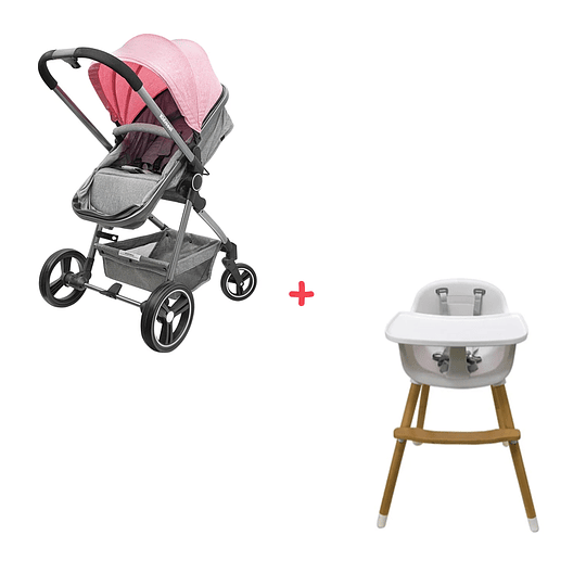 Coche Compact Rosado + Silla de comer Blanca