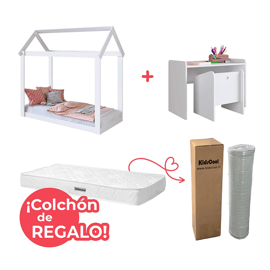Set Habitación Montessori Cariño: Cama Casita + Escritorio y Silla + ¡Colchón de Regalo!