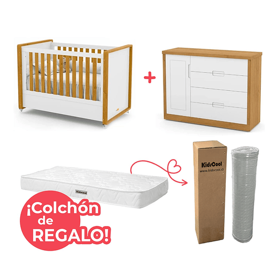 Set Habitación Tutto Blanco Caramelo: Cuna 2 Funciones + Cómoda con Puerta + ¡Colchón de Regalo!