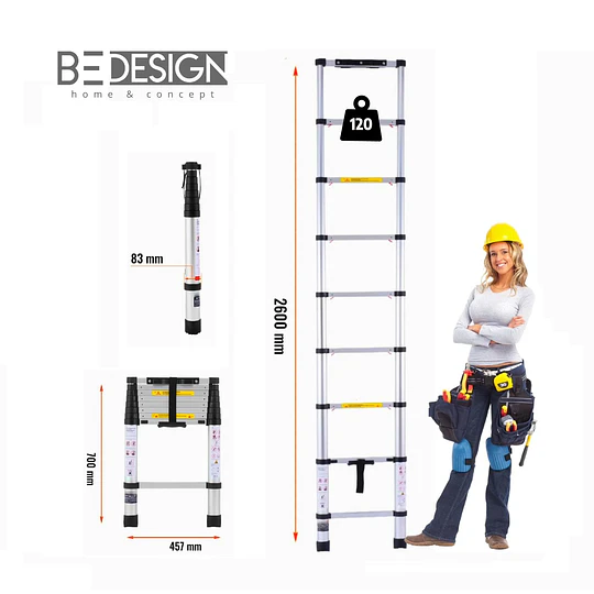 Escalera Telescópica 2.6 mt Aluminio Be Design 120 kg
