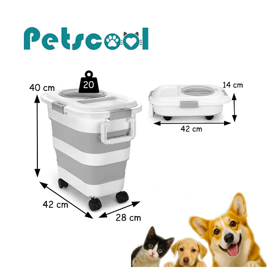 Contenedor Hermético Plegable Alimento Mascota PetsCool 22 kg Gris Ruedas