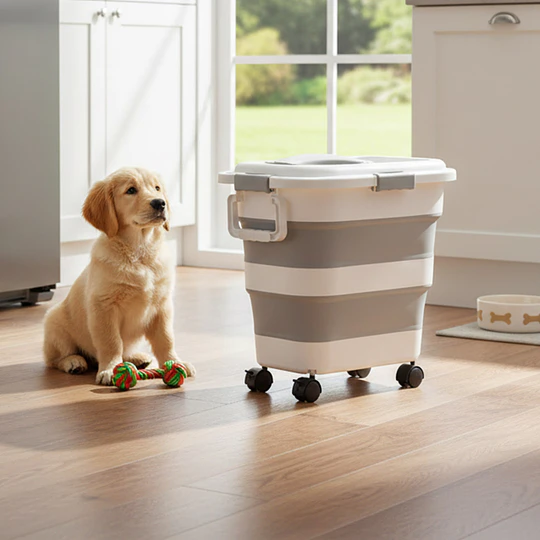 Contenedor Hermético Plegable Alimento Mascota PetsCool 22 kg Gris Ruedas