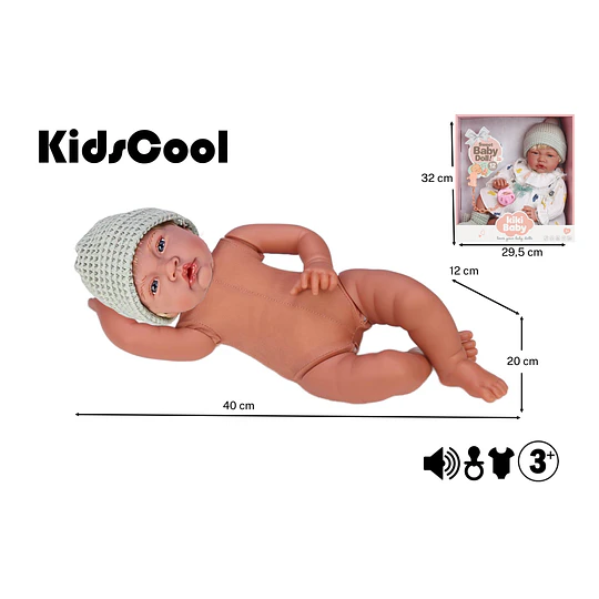 Muñeca Bebé Realista Kidscool 40cm 12 Sonidos de Apego Blanco   