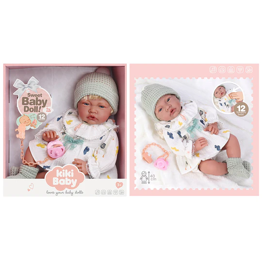 Muñeca Bebé Realista Kidscool 40cm 12 Sonidos de Apego Blanco   