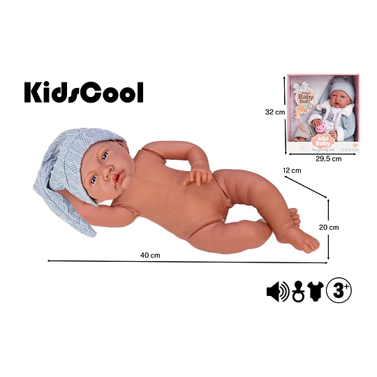 Muñeca Niño Bebé Realista Kidscool 40cm 12 Sonidos de Apego Celeste           
