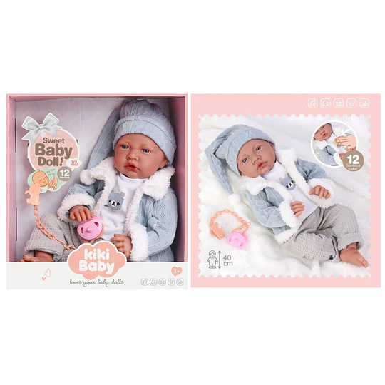 Muñeca Niño Bebé Realista Kidscool 40cm 12 Sonidos de Apego Celeste           