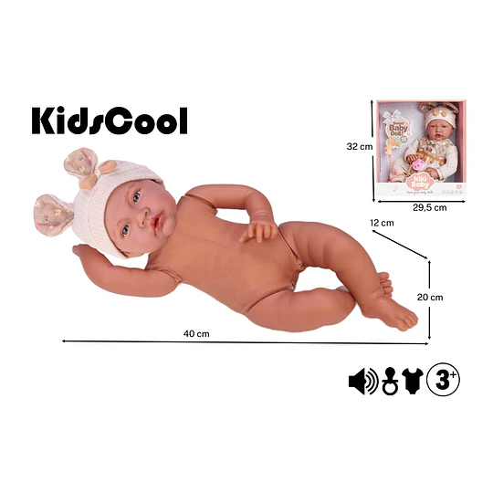 Muñeca Bebé Realista Kidscool 40cm 12 Sonidos de Apego Beige                     