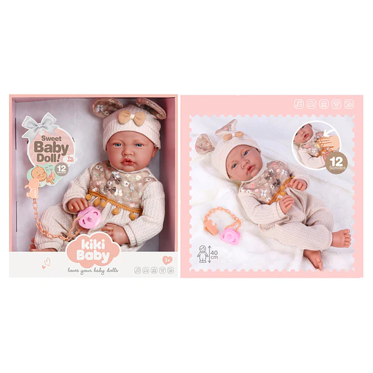Muñeca Bebé Realista Kidscool 40cm 12 Sonidos de Apego Beige                     