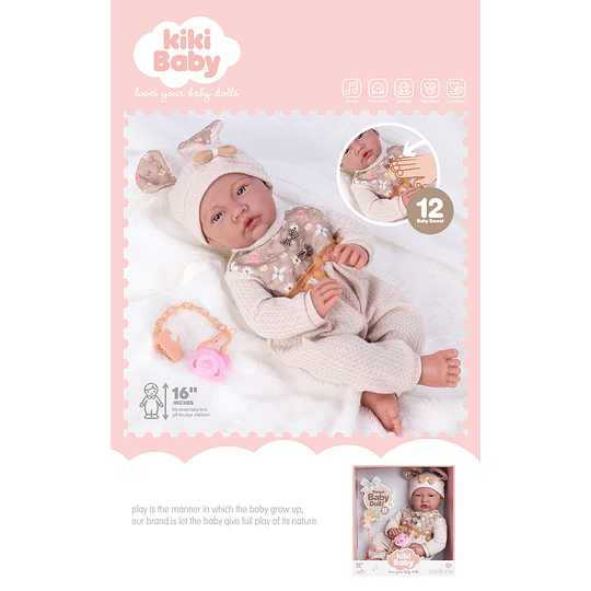Muñeca Bebé Realista Kidscool 40cm 12 Sonidos de Apego Beige                     
