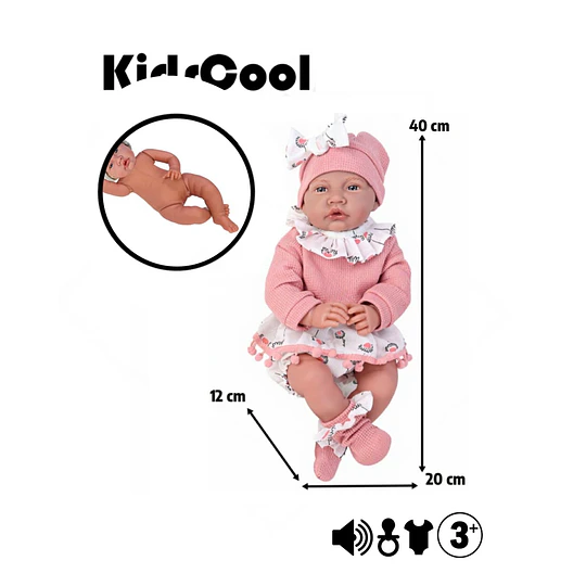 Muñeca Bebé Realista Kidscool 40cm 12 Sonidos de Apego Rosado