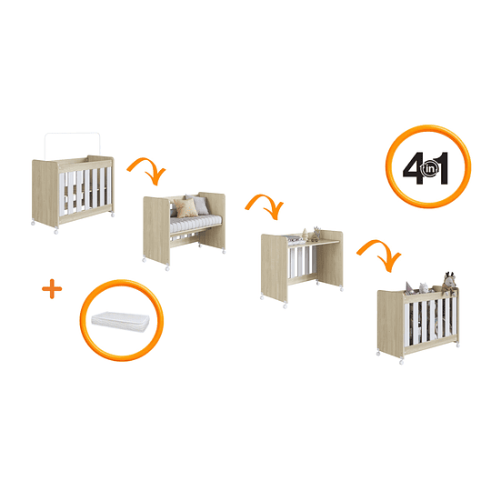 Mini Cuna 4 en 1 Con Colchón Roble Araguaia Con Blanco
