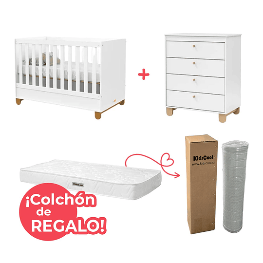 Retiro Express - Set Habitación Zupi Blanco: Cuna de Madera + Cómoda + ¡Colchón de Regalo!