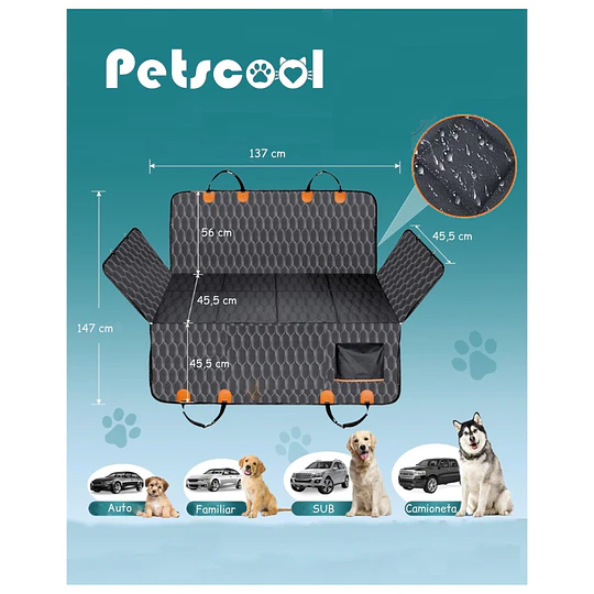 Funda Cubre Asiento Auto Perros Petscool Impermeable y Antideslizante Negra 