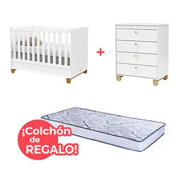 Set Habitación Zupi Blanco: Cuna de Madera + Cómoda + ¡Colchón de Regalo!