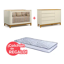 Set Habitación Flow Beige Eco Wood: Cuna 3 en 1 + Cómoda + ¡Colchón de Regalo!