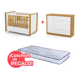 Set Habitación Tutto Blanco Caramelo: Cuna 2 Funciones + Cómoda con Puerta + ¡Colchón de Regalo!