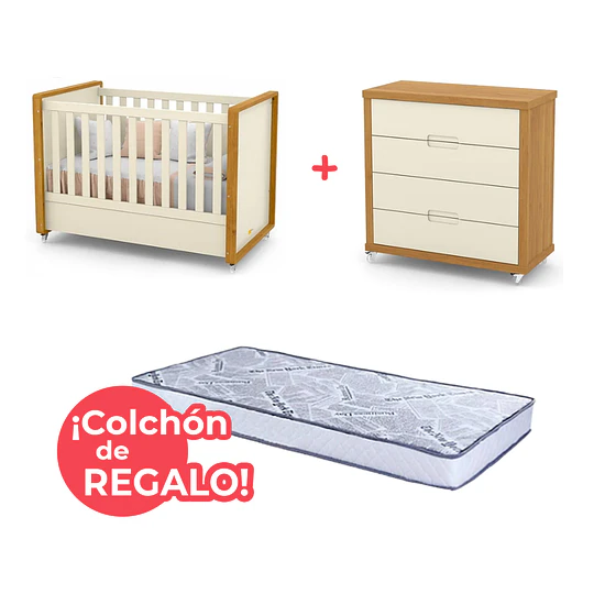 Set Habitación Tutto Beige Caramelo: Cuna 2 Funciones + Cómoda + ¡Colchón de Regalo!