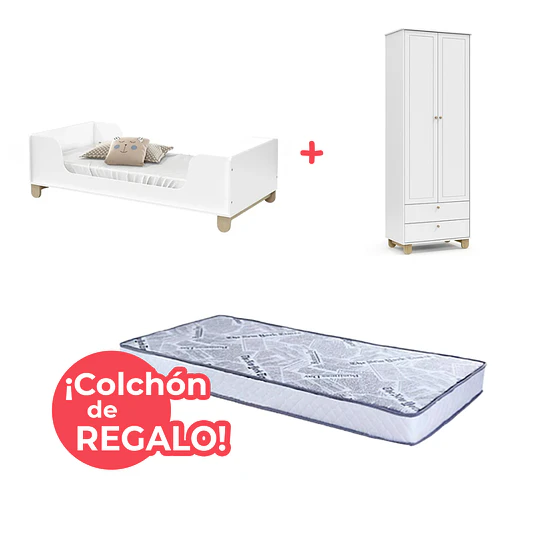 Set Habitación Zupi Blanco: Mini Cama + Armario + ¡Colchón de Regalo!