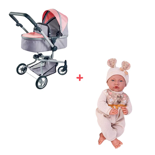 Combo Coche Cuna para muñeca 2 funciones en 1 + Muñeca Bebé Realista 40 cm 12 Sonidos de Apego Beige