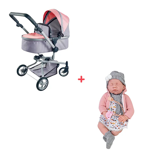 Combo Coche Cuna para muñeca 2 funciones en 1 + Muñeca Bebé Realista 40 cm 12 Sonidos de Apego