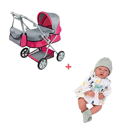 Combo Coche De Muñecas Mini Mom + Muñeca Bebé Realista 40 cm 12 Sonidos de Apego 