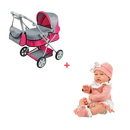 Combo Coche De Muñecas Mini Mom + Muñeca Bebé Realista 40cm 12 Sonidos de Apego Rosado