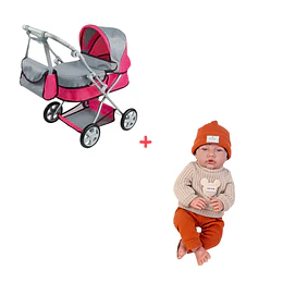 Combo Coche De Muñecas Mini Mom + Muñeca Niño Bebé Realista 40 cm 12 Sonidos de Apego