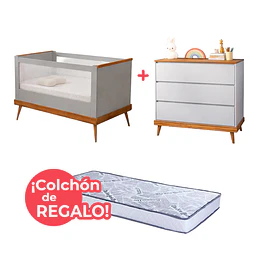 Combo Cuna Sognare Cancao Gris + Cómoda Sognare Cancao Gris + Colchon Cuna Kid 130 x 70 Cms